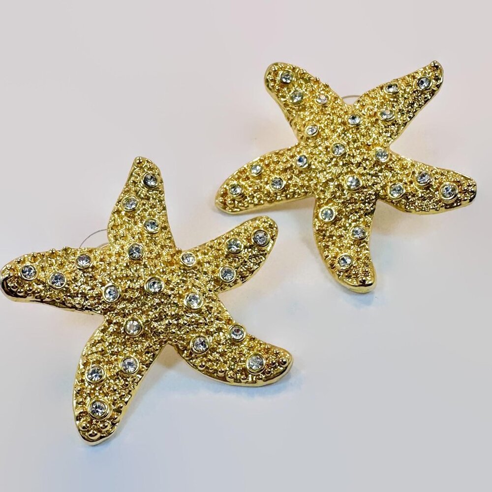 Starfish Earrings, Gold Tone, Rhinestones, Beach Earrings, Vintage, Bohemian